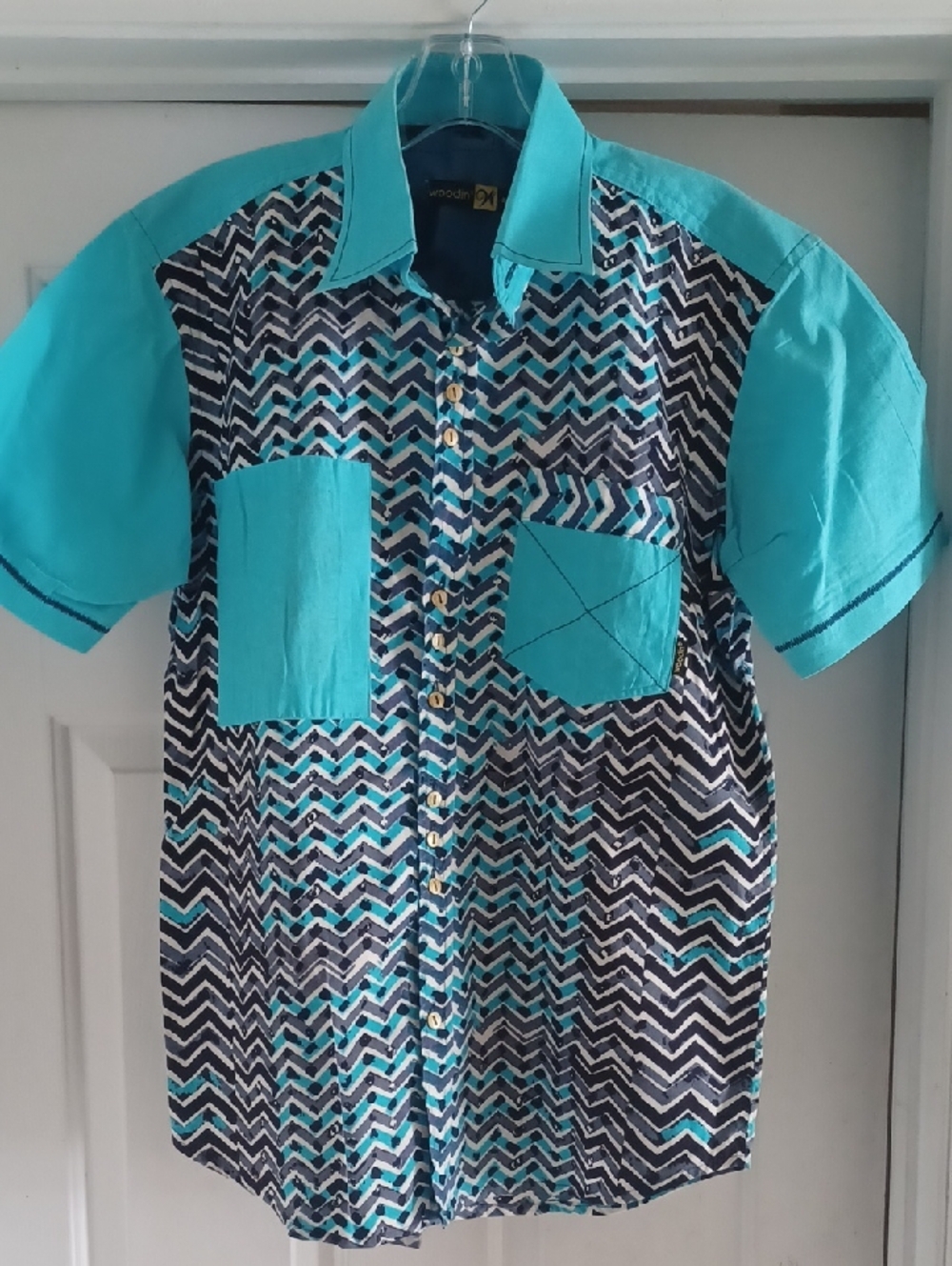 Woodin Men's Short Sleeve Chevron Print Button-Up Shirt in Turquoise